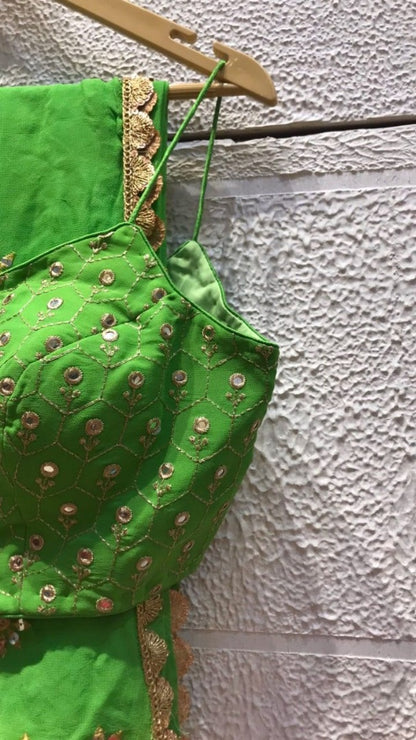 Pista green chinon silk shibori printed embroidered lehenga choli