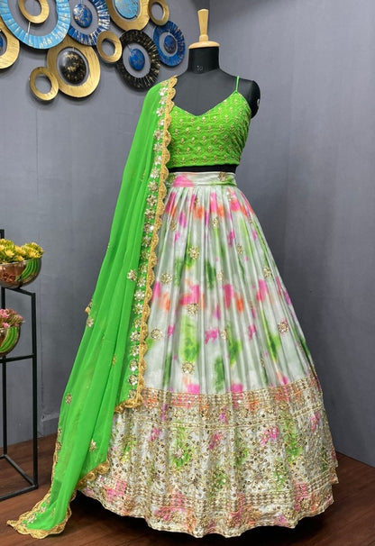 Pista green chinon silk shibori printed embroidered lehenga choli