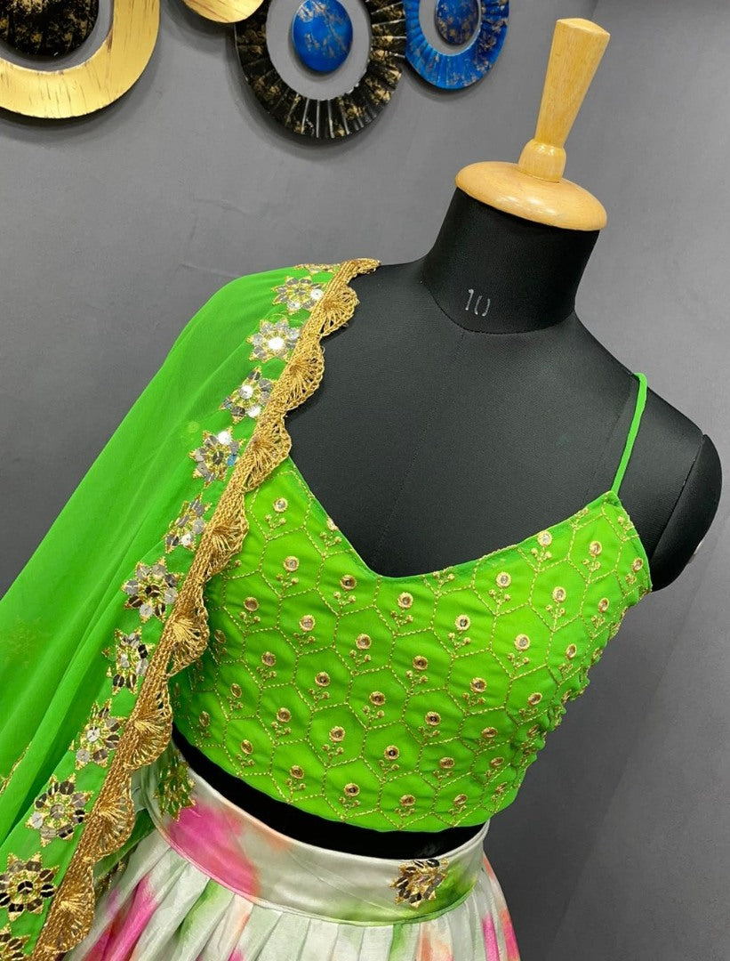 Pista green chinon silk shibori printed embroidered lehenga choli