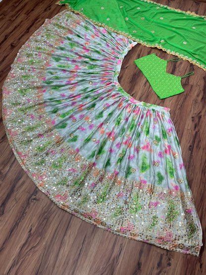 Pista green chinon silk shibori printed embroidered lehenga choli