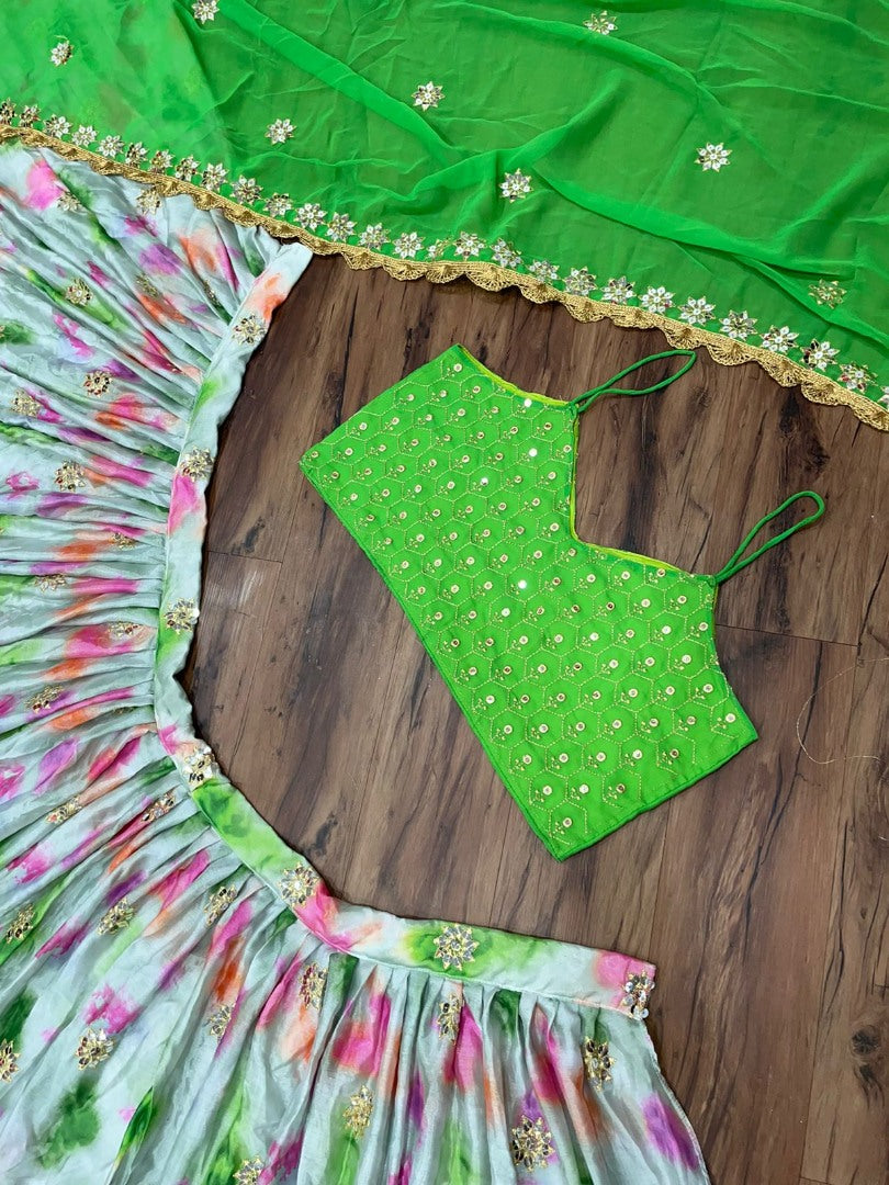 Pista green chinon silk shibori printed embroidered lehenga choli