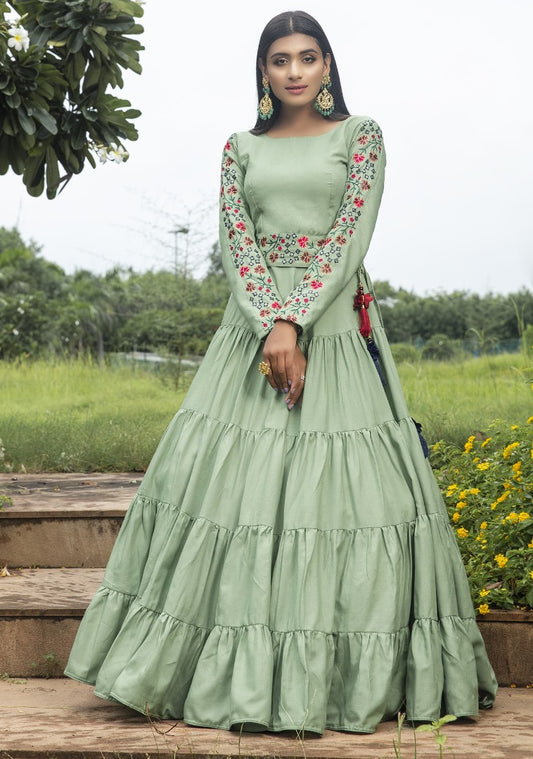 Pista green cotton embroidered sequence anarkali gown