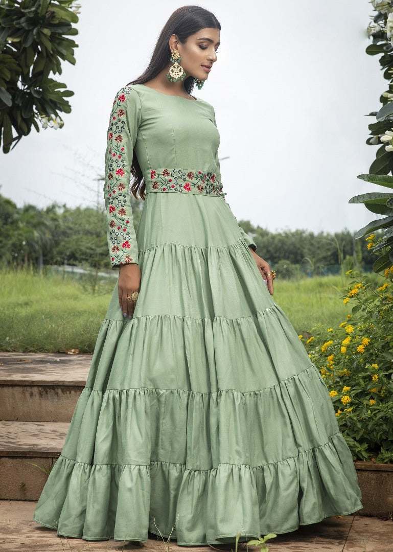 Pista green cotton embroidered sequence anarkali gown