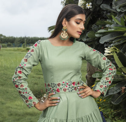 Pista green cotton embroidered sequence anarkali gown