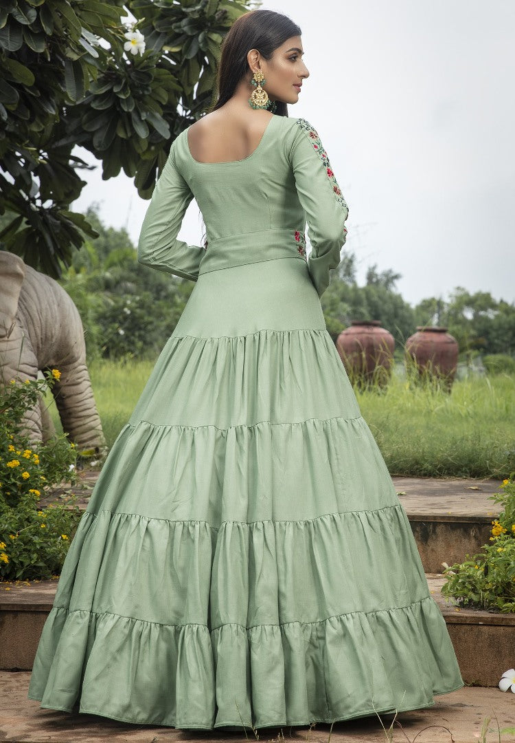 Pista green cotton embroidered sequence anarkali gown