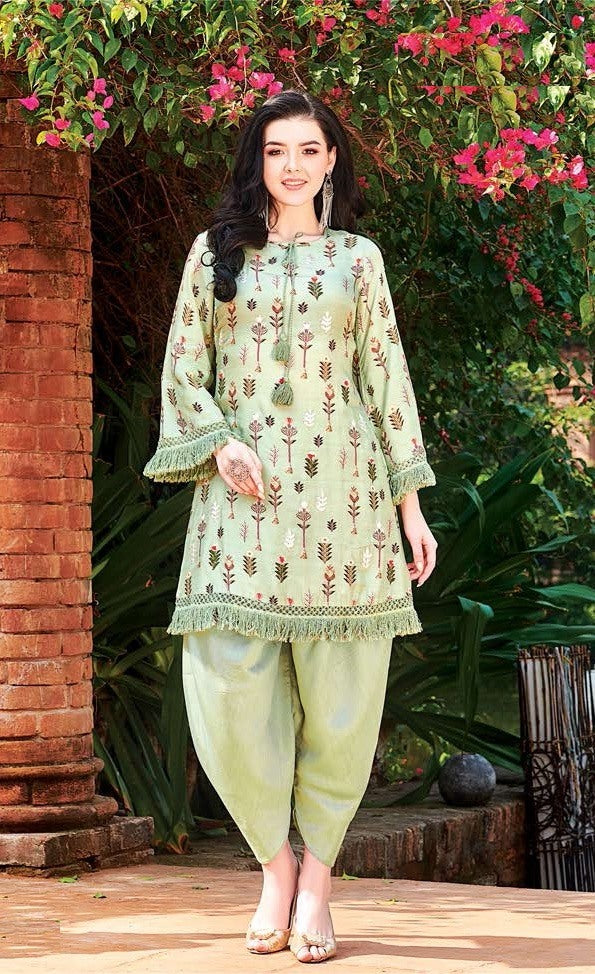 pista green cotton printed dhoti kurti
