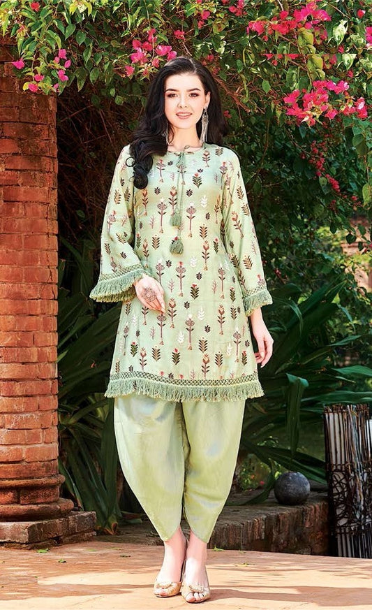pista green cotton printed dhoti kurti