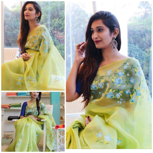 Pista green digital printed khadi organza saree