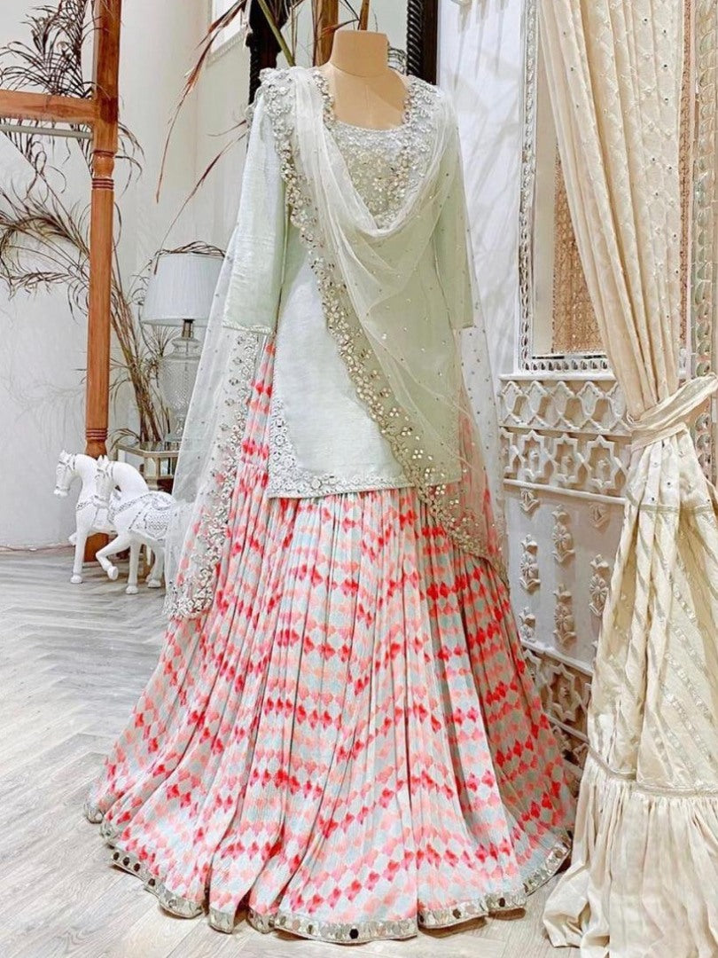 Pista green digital printed lehenga suit
