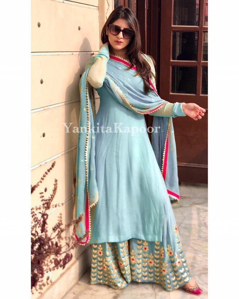 pista green embroidered partywear plazzo suit