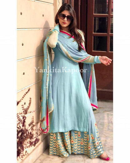 pista green embroidered partywear plazzo suit