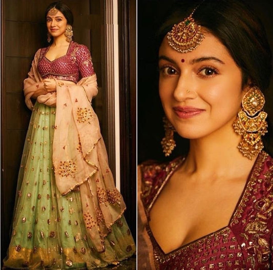 pista green embroidered weddding lehenga