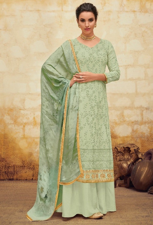 Pista green faux georgette embroidered designer salwar suit