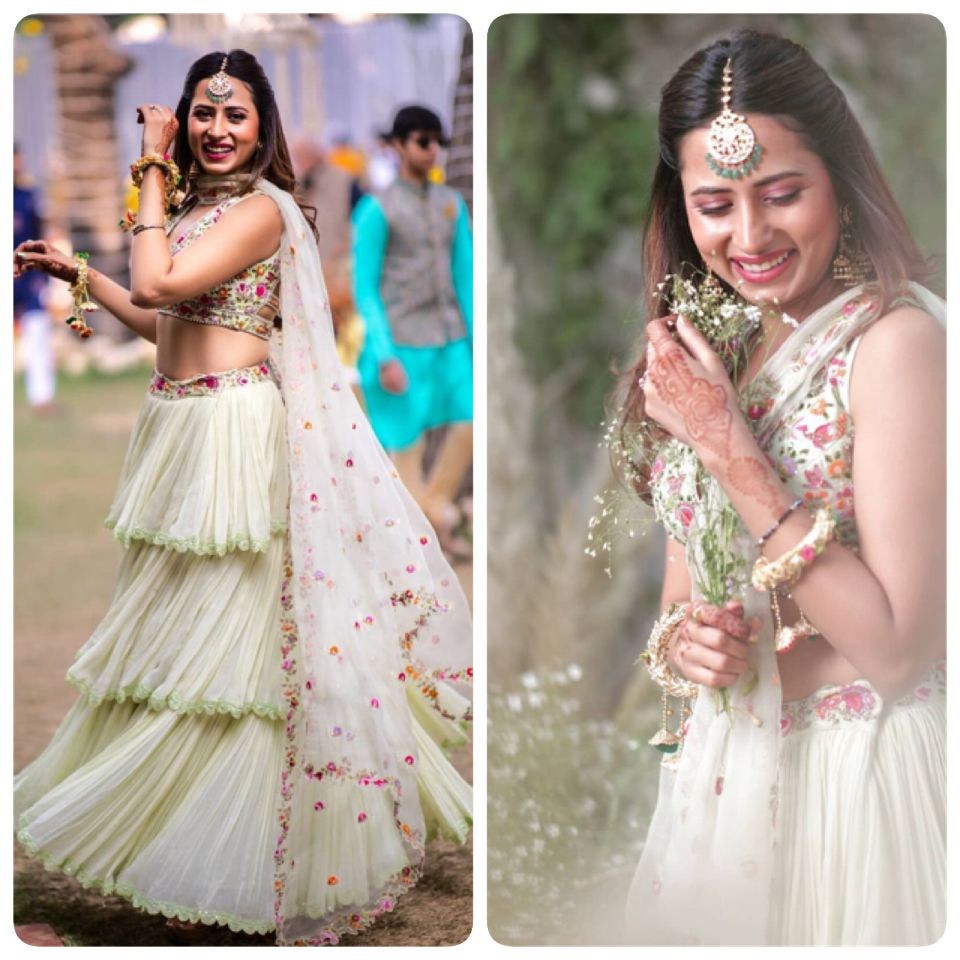 Pista green faux georgette ruffle lehenga with embroidered choli