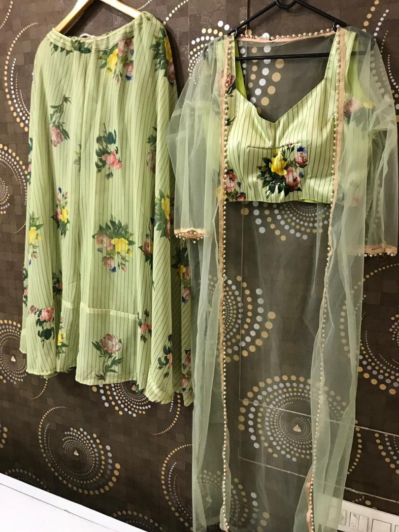 Pista green floral printed crop top lehenga with shrug