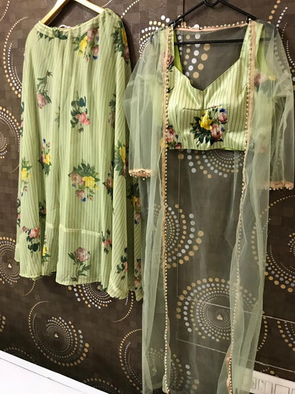 Pista green floral printed crop top lehenga with shrug