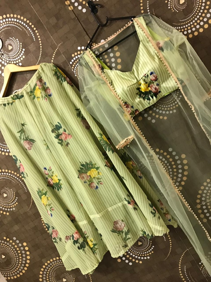 Pista green floral printed crop top lehenga with shrug