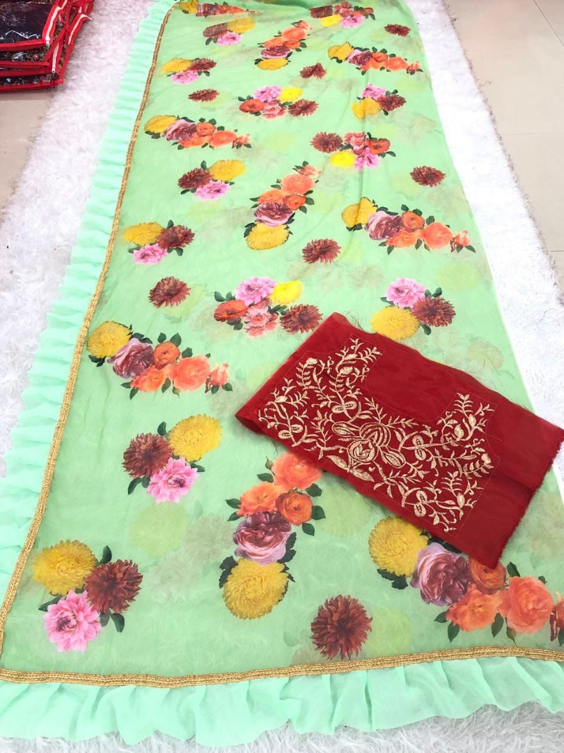 Pista green floral printed georgette saree with ruffle border