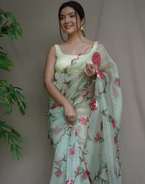Pista green floral printed girlish organza saree