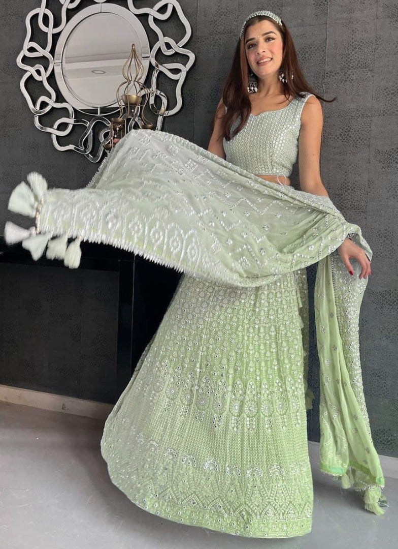 Pista green geogette heavy embroidered wedding lehenga choli