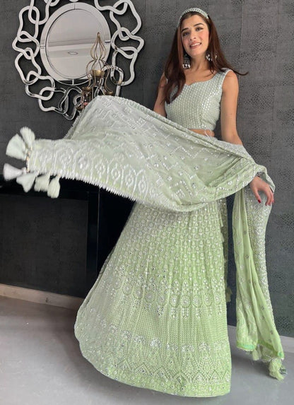 Pista green geogette heavy embroidered wedding lehenga choli