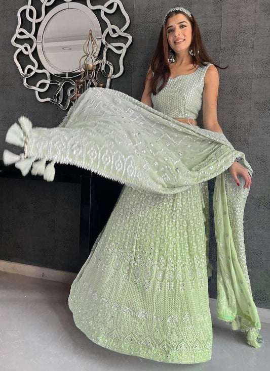 Pista green geogette heavy embroidered wedding lehenga choli