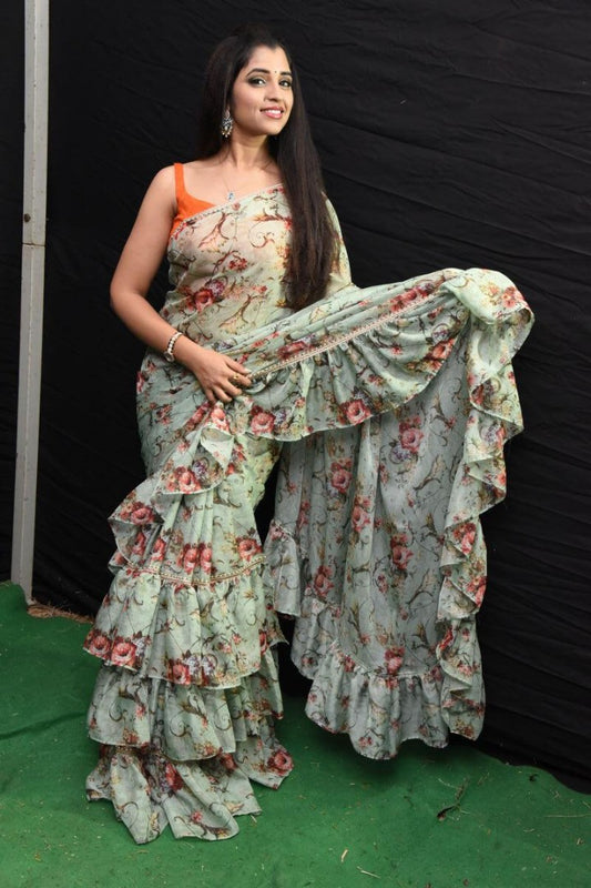 pista green georgette digital printed ruffle saree