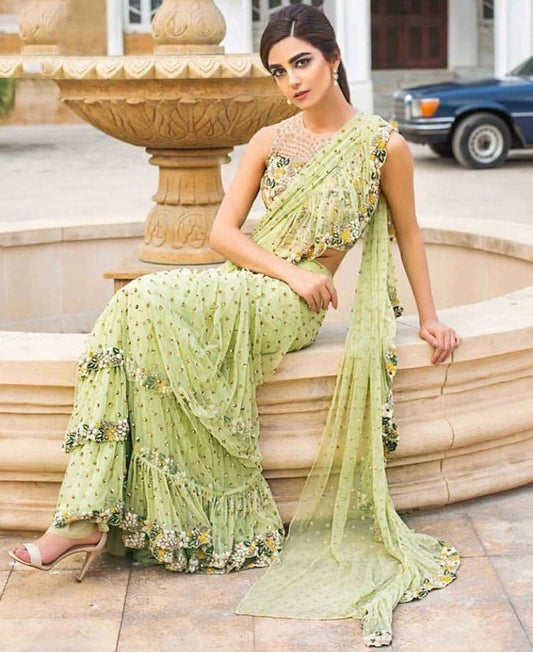 Pista green georgette embroidered 3 layer designer ruffle saree