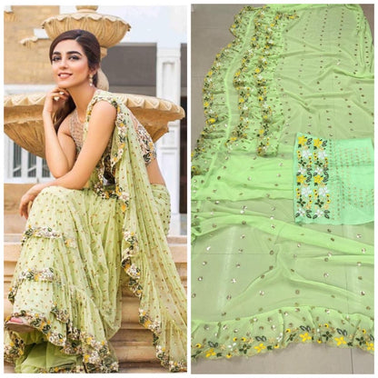 Pista green georgette embroidered 3 layer designer ruffle saree