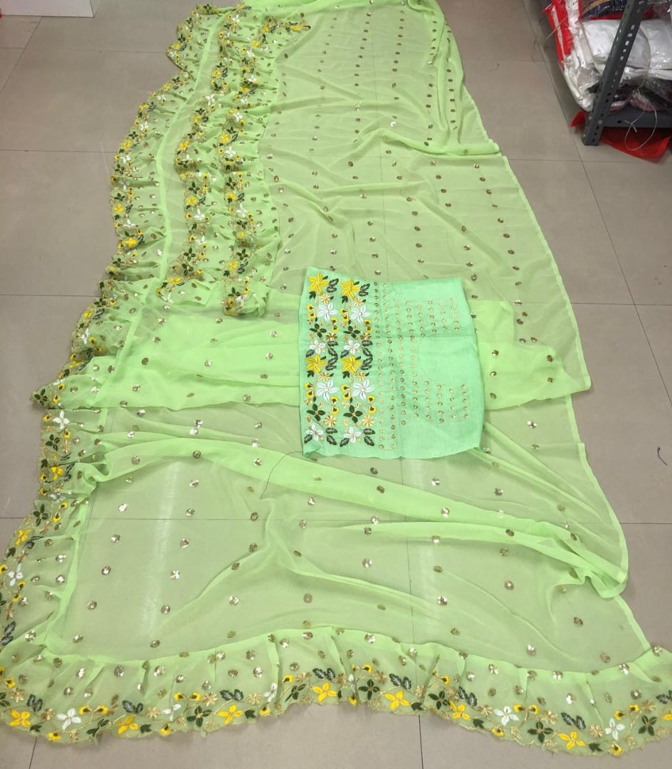Pista green georgette embroidered 3 layer designer ruffle saree