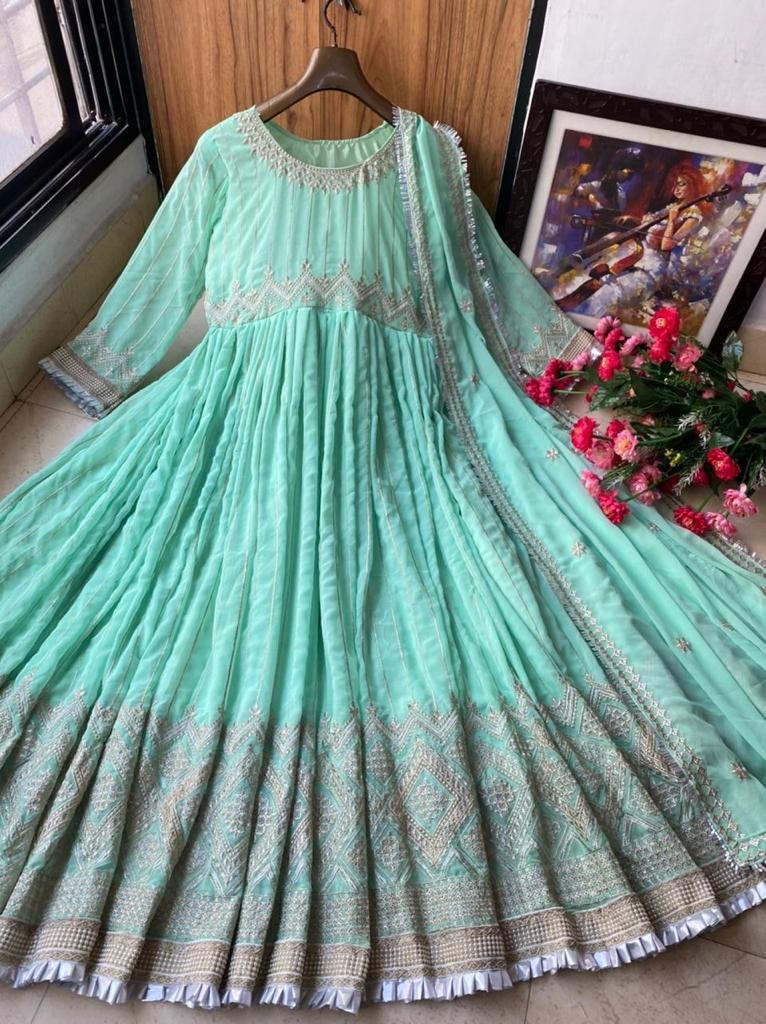 Pista green georgette embroidered anarkali suit