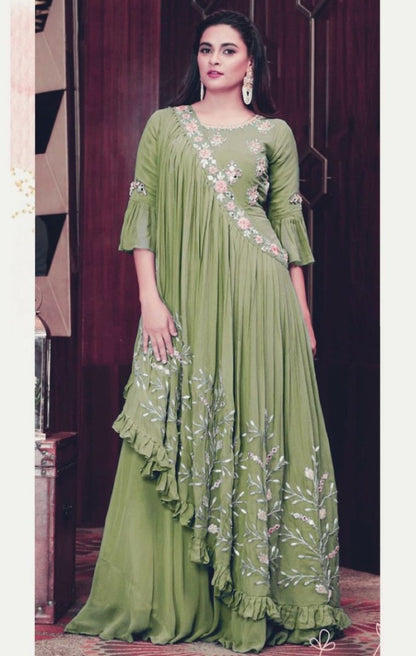 Pista green georgette embroidered indowestern gown