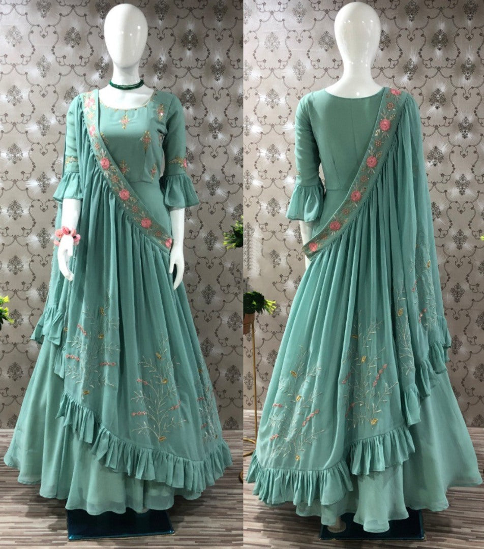 Pista green georgette embroidered indowestern gown