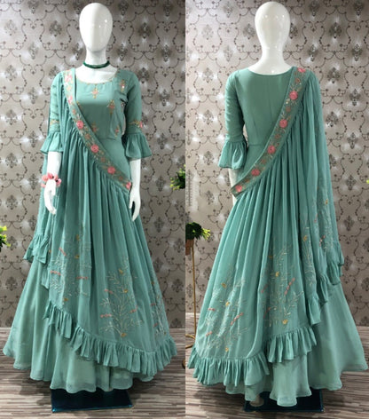 Pista green georgette embroidered indowestern gown