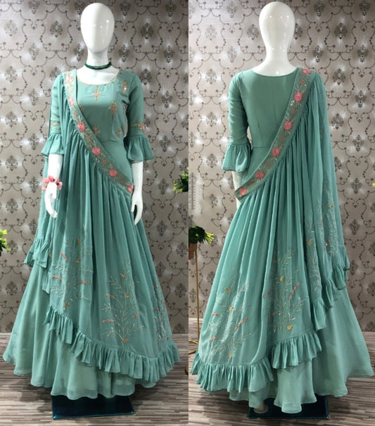 Pista green georgette embroidered indowestern gown