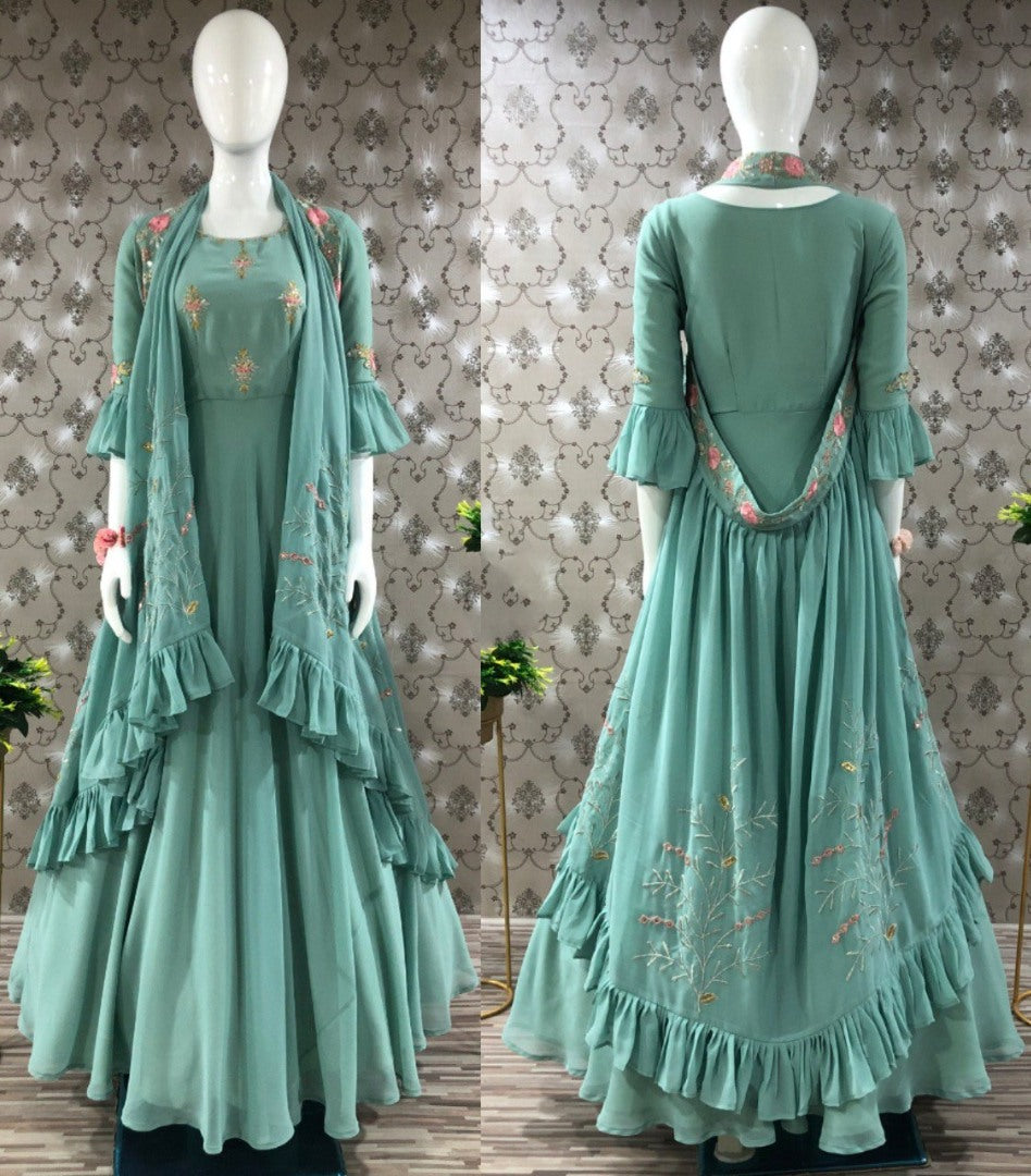 Pista green georgette embroidered indowestern gown