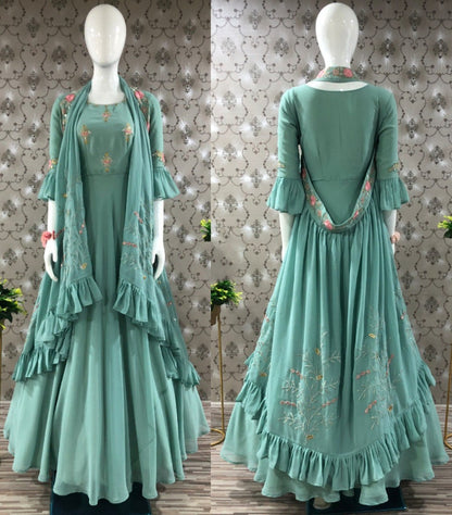 Pista green georgette embroidered indowestern gown