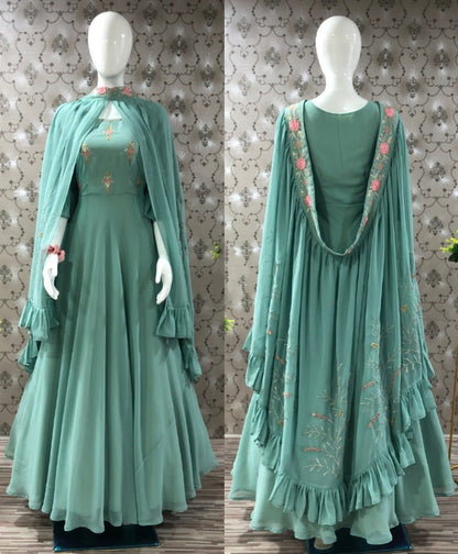 Pista green georgette embroidered indowestern gown