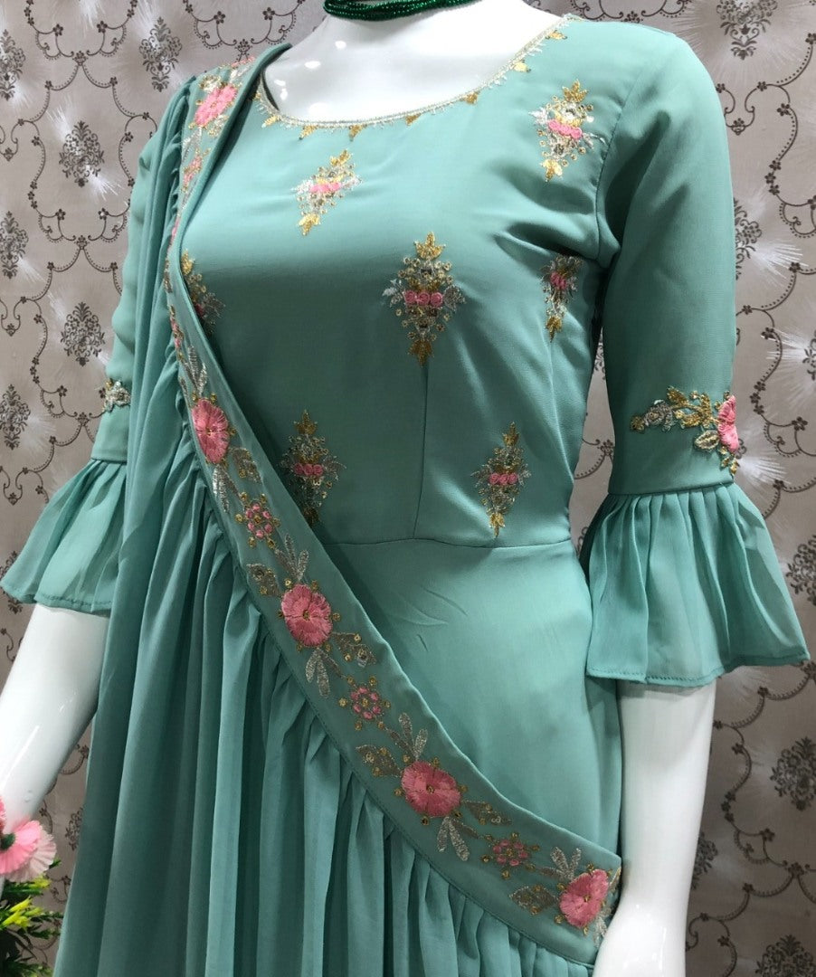 Pista green georgette embroidered indowestern gown