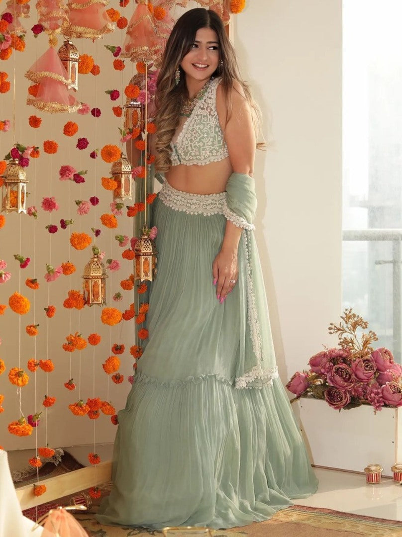 Pista green georgette embroidered lehenga choli