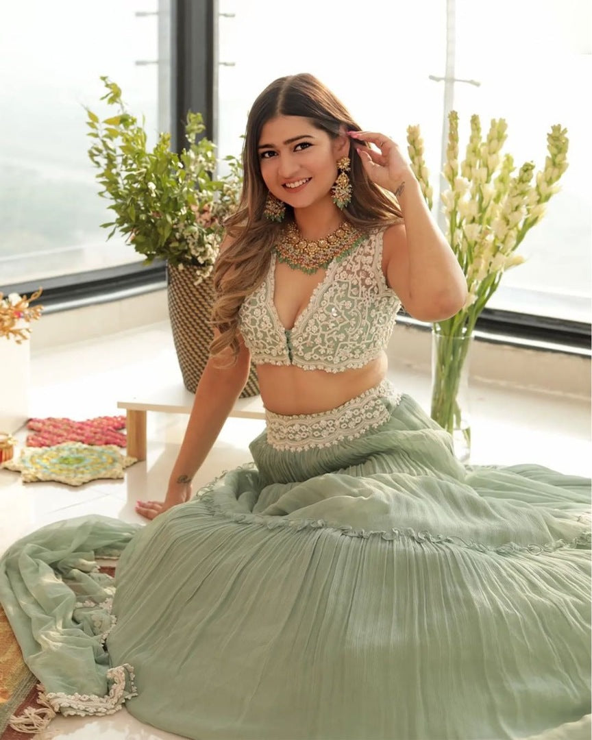 Pista green georgette embroidered lehenga choli