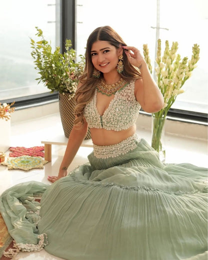 Pista green georgette embroidered lehenga choli
