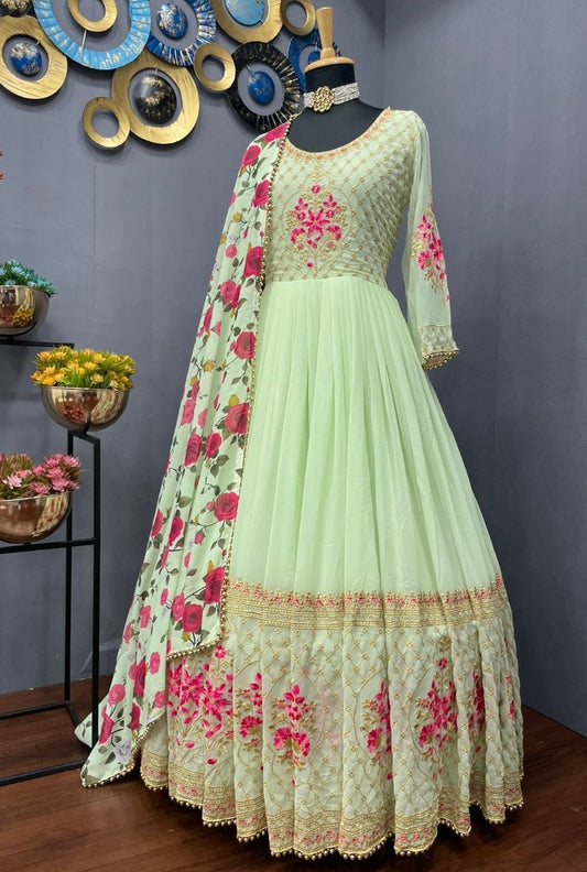Pista green georgette embroidered long gown with printed dupatta