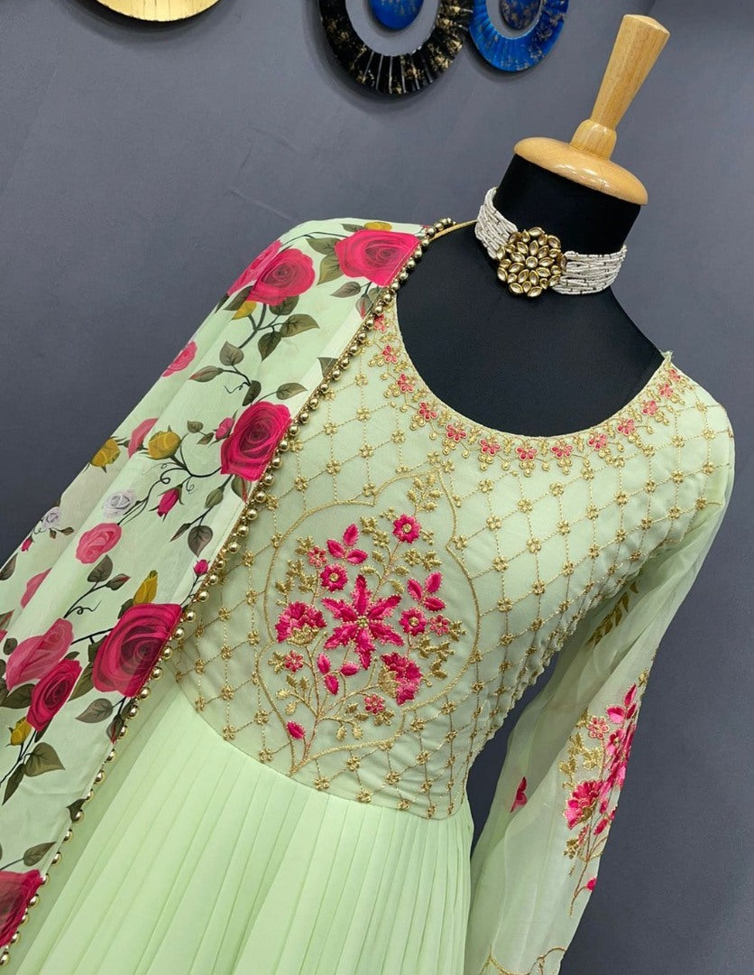 Pista green georgette embroidered long gown with printed dupatta