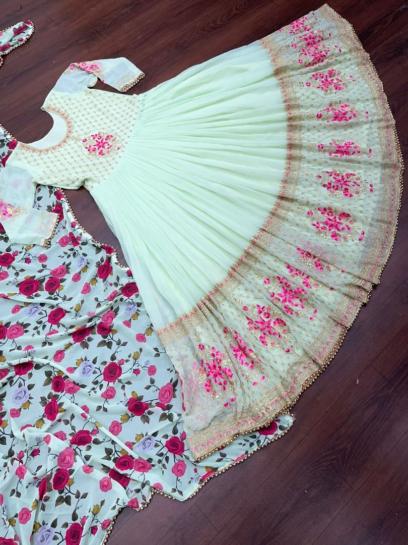 Pista green georgette embroidered long gown with printed dupatta