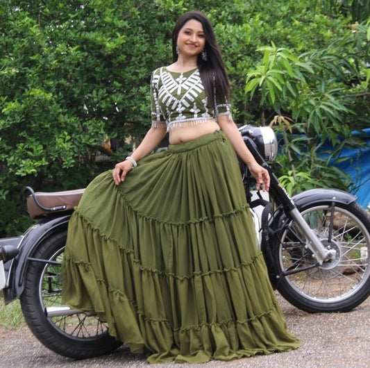Pista green georgette embroidered mirror paper work lehenga choli