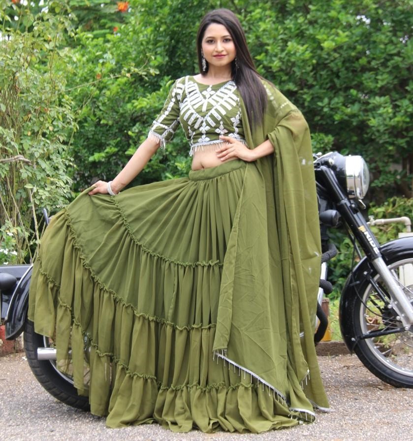 Pista green georgette embroidered mirror paper work lehenga choli