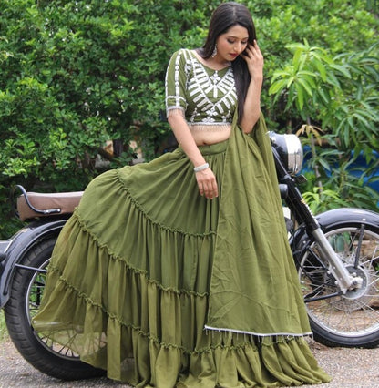 Pista green georgette embroidered mirror paper work lehenga choli