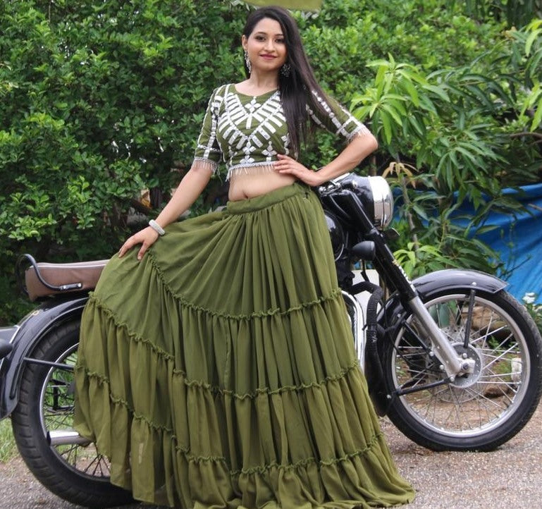 Pista green georgette embroidered mirror paper work lehenga choli