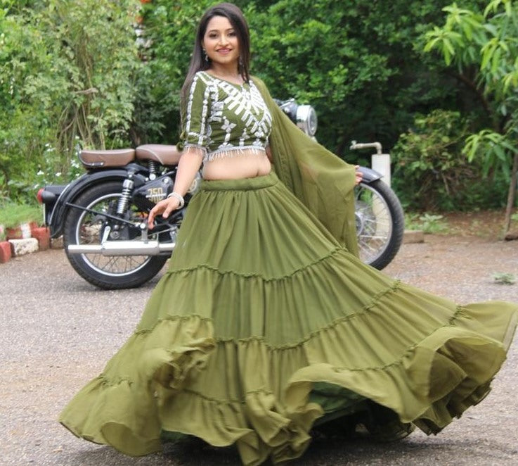 Pista green georgette embroidered mirror paper work lehenga choli